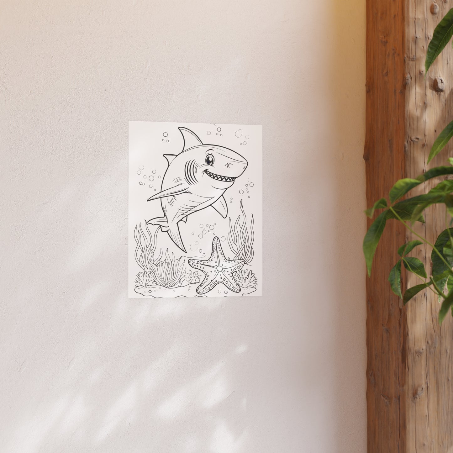 Cute Shark Coloring Poster — Satin & Archival Matte Ocean Print for Kids’ Rooms