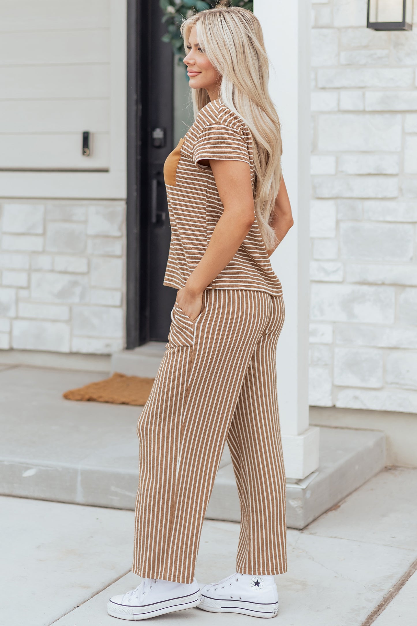 Khaki Stripe Crew Neck Tee Drawstring Waist Cropped Pants Set