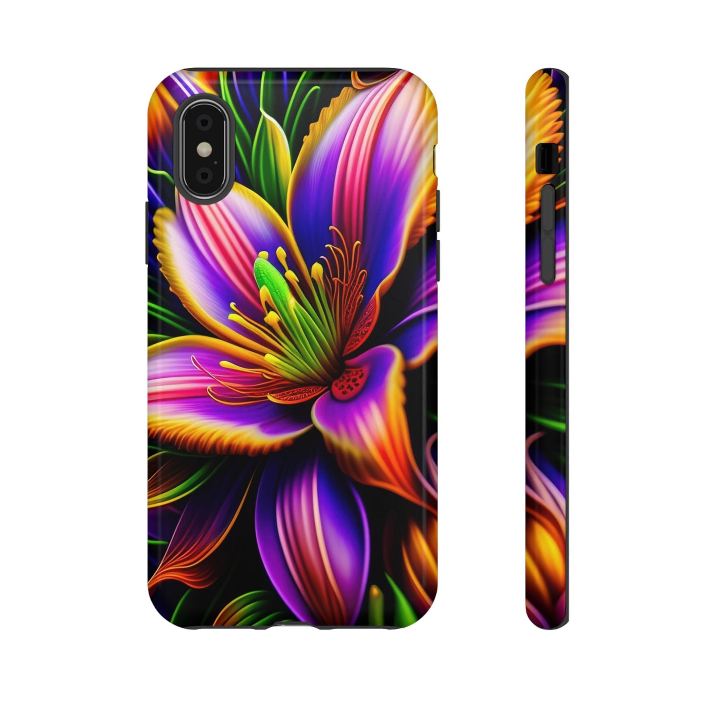 Floral Neon Tough Phone Case — Vivid Purple & Orange Lily Protective Cover
