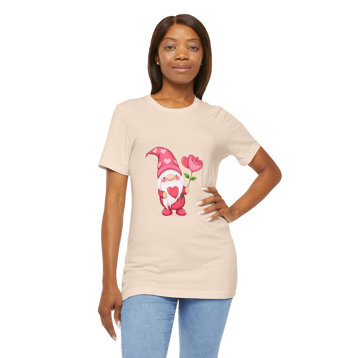 Valentine Gnome T‑Shirt — Cute Pink Gnome Holding Rose Tee