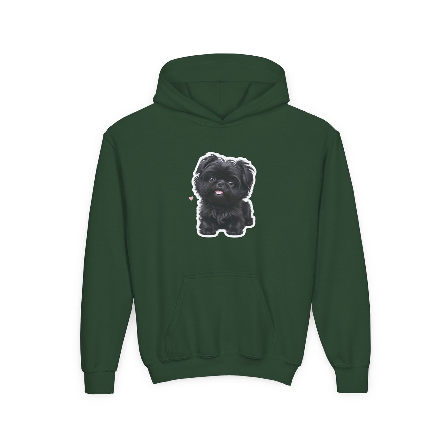Youth Hoodie — Cute Black Shih Tzu with “Love Has Four Paws” Back Print