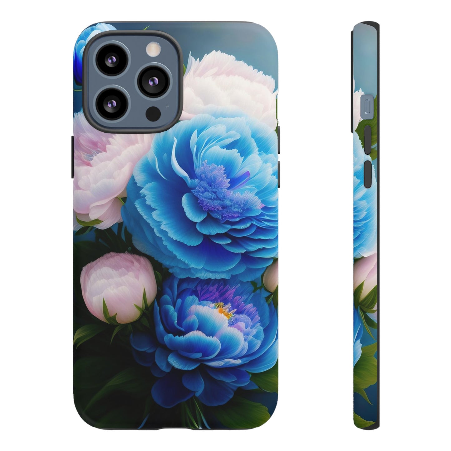 Floral Blue Peony Phone Case — Protective Tough Case with Pink & Blue Blooms