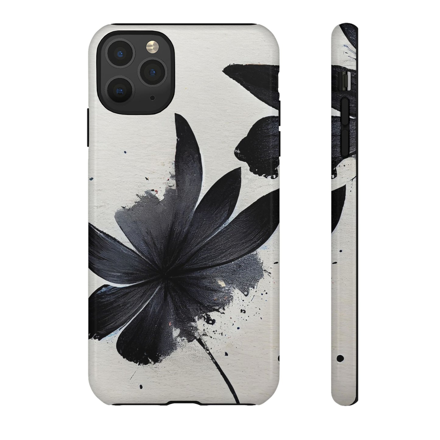 Monochrome Floral Tough Phone Case — Black Ink Flower Protective Cover