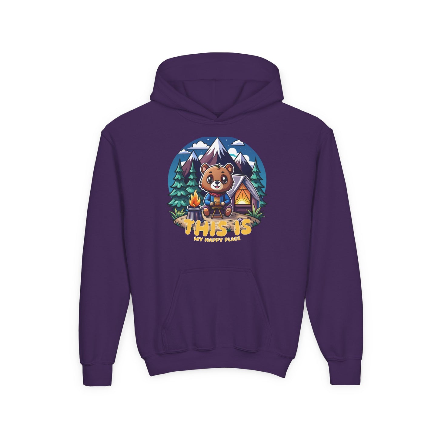 Youth Bear Camping Hoodie — "This is My Happy Place" Cozy Kid’s Outdoor Sweatshirt