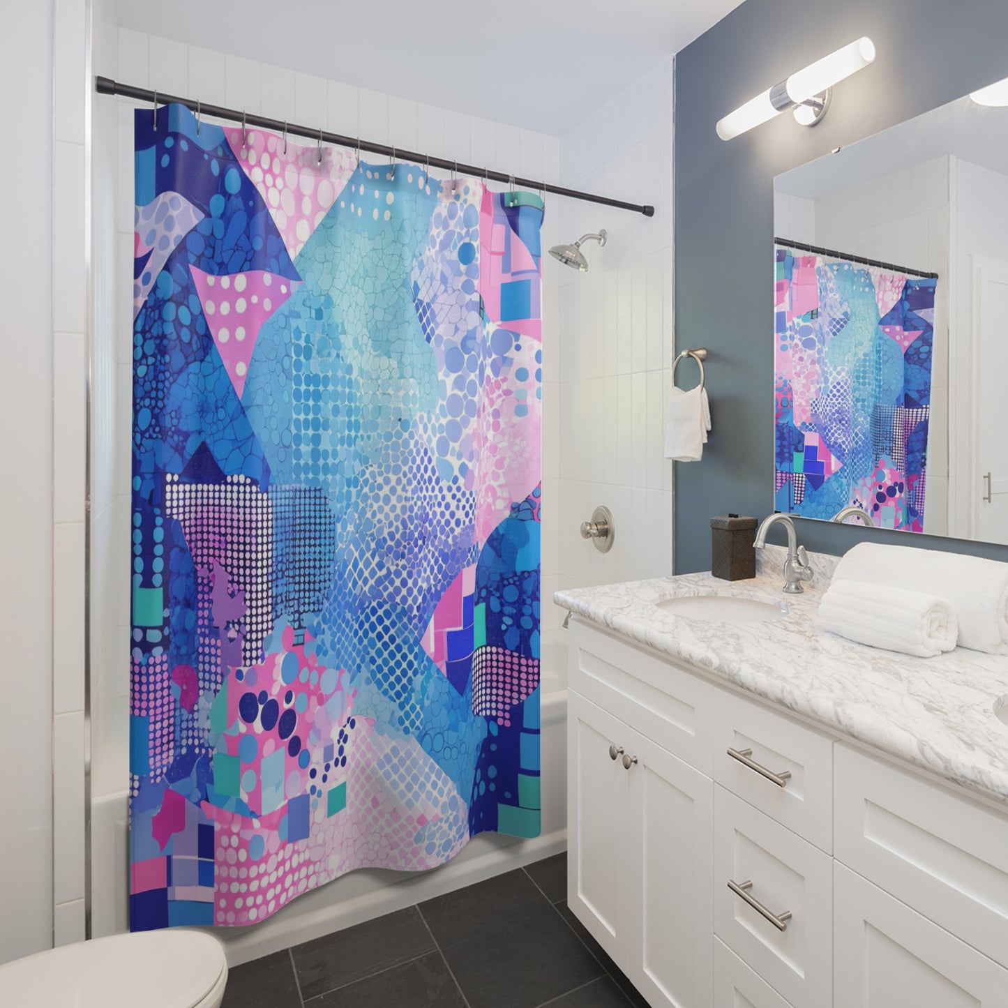 Abstract Blue Pink Geometric Shower Curtain – Modern Mosaic Bath Decor