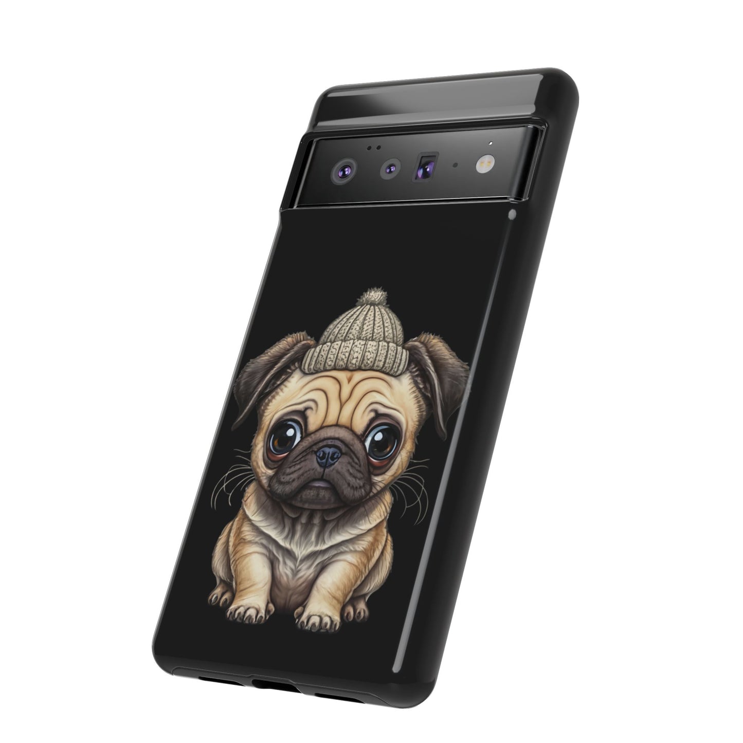 Pug Phone Case – Cute Pug Puppy Illustration on Black Tough Case