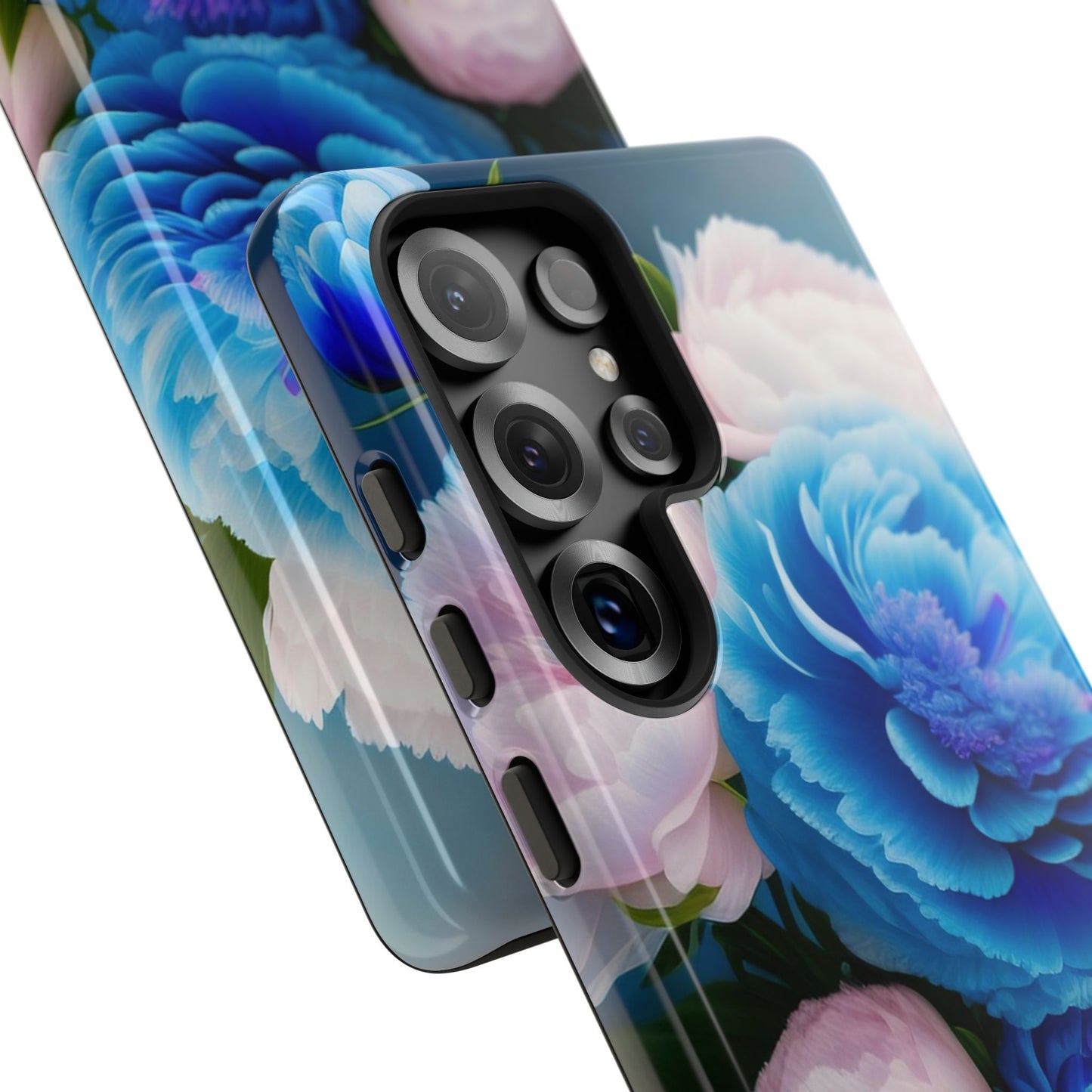 Floral Blue Peony Phone Case — Protective Tough Case with Pink & Blue Blooms