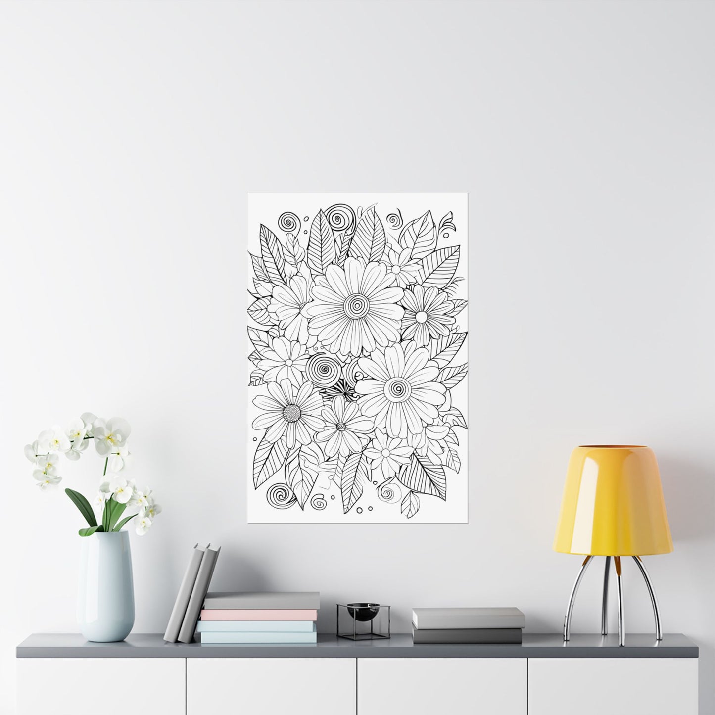 DIY Botanical Doodle Poster — Black & White Floral Coloring Art Print