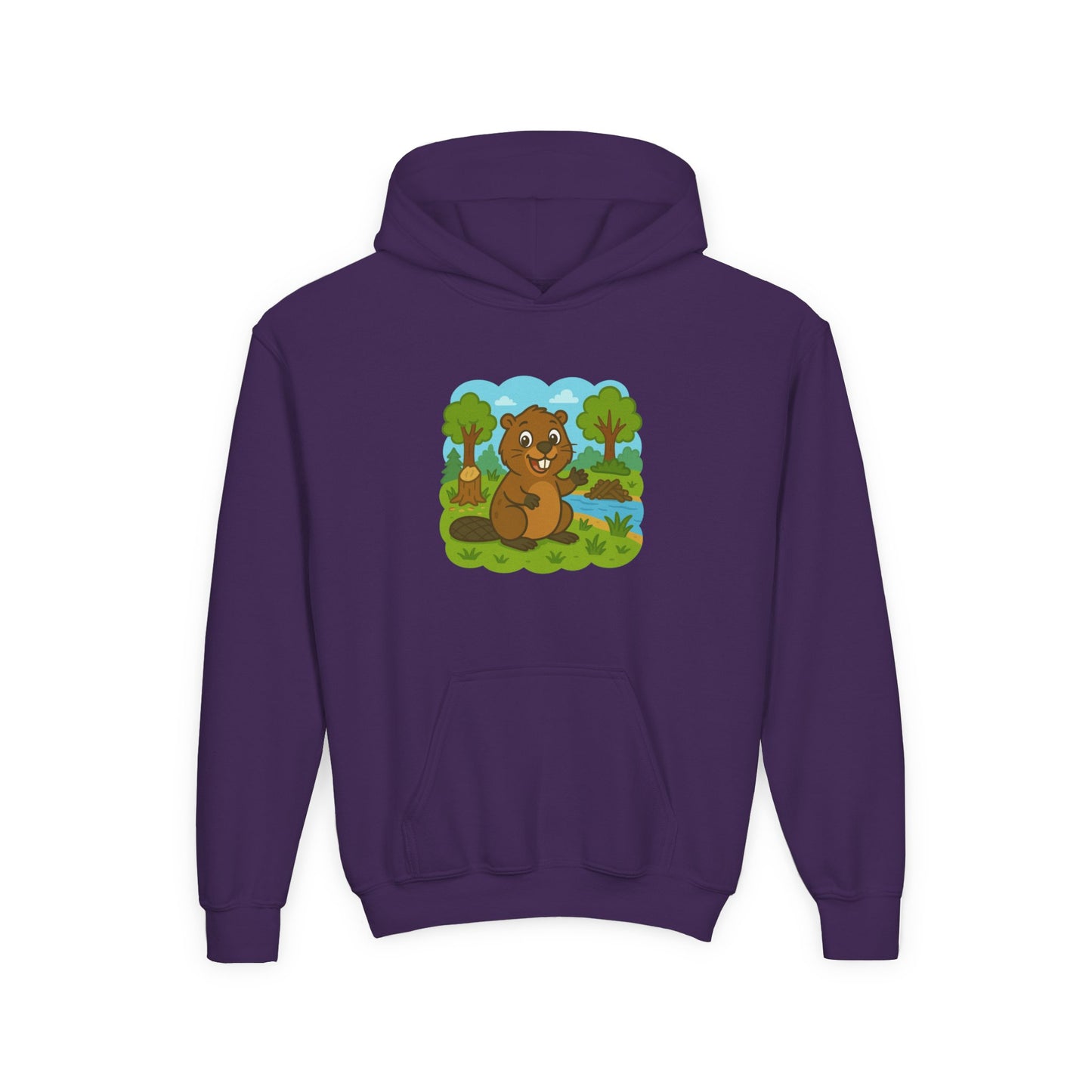 Cartoon Beaver Forest Scene Youth Hoodie | Woodland Animal Kids Sweatshirt