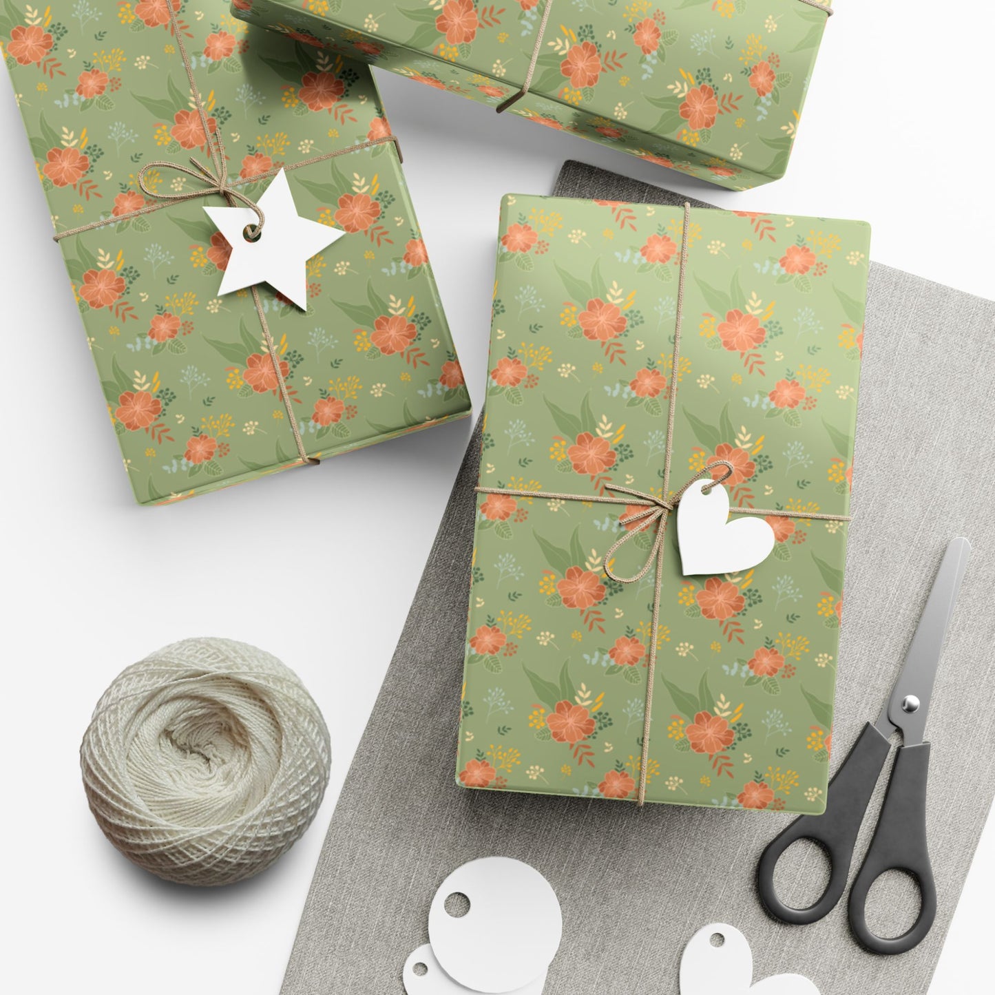 Gift Wrap Paper — Vintage Green Floral Pattern, Rose Bouquet Wrapping Sheets