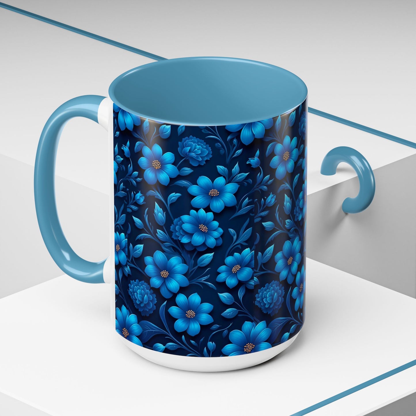 Floral Accent Coffee Mug, Blue Flower Mug, Ceramic Coffee Cup, Gift for Her, Nature-Themed Drinkware, Floral Home Decor, Unique Mug