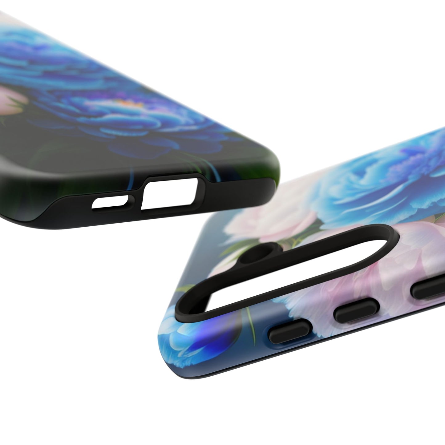 Floral Blue Peony Phone Case — Protective Tough Case with Pink & Blue Blooms