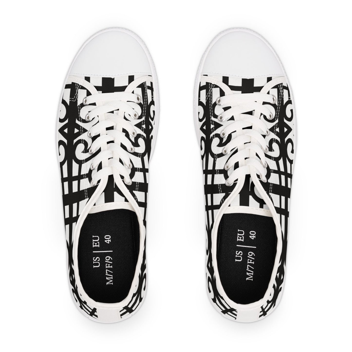 Low Top Sneakers — Black & White Geometric Lattice Pattern