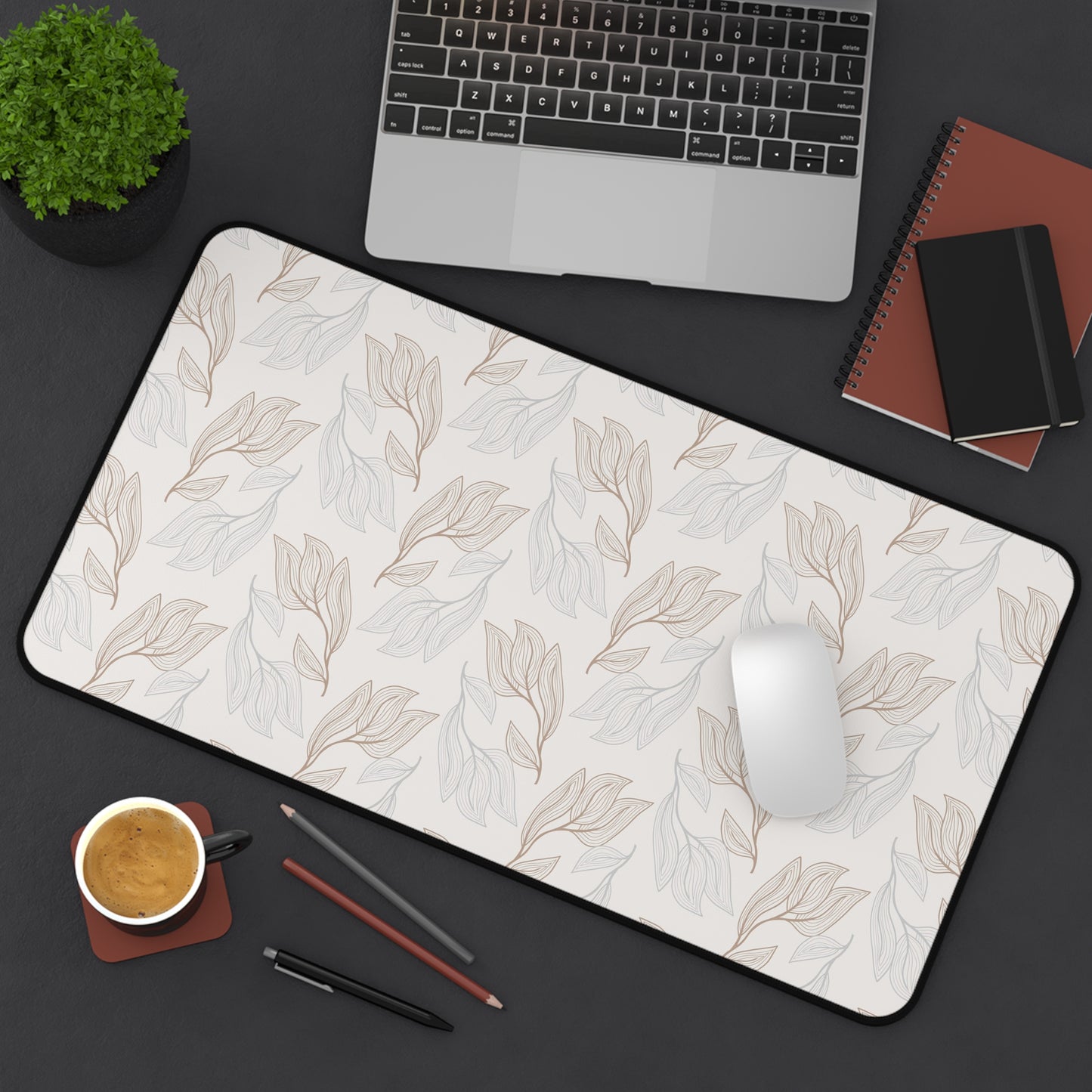 Desk Mat — Neutral Leaf Pattern Desk Mat (Beige Minimal Botanical Mousepad)