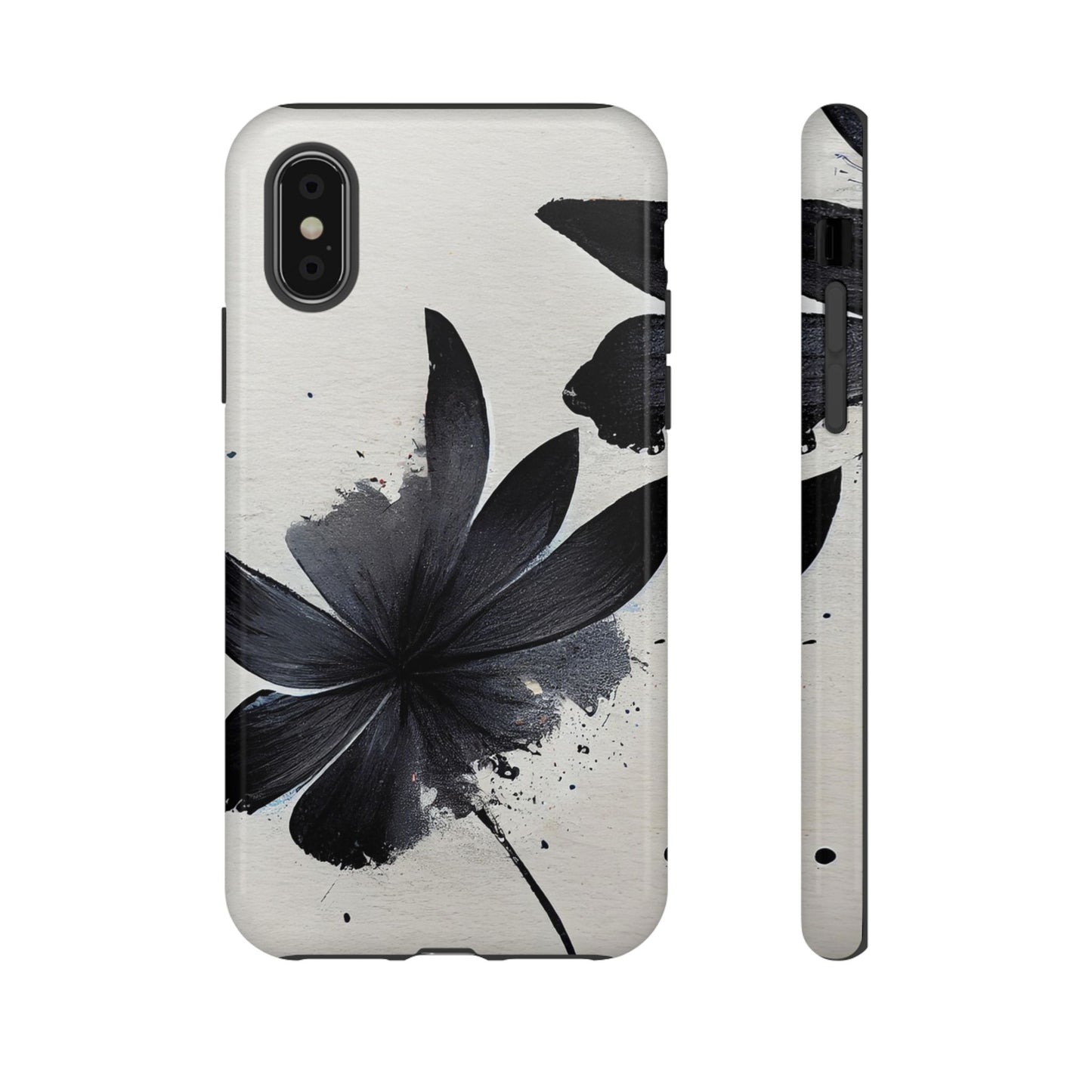 Monochrome Floral Tough Phone Case — Black Ink Flower Protective Cover