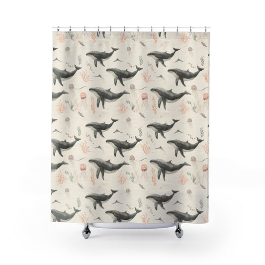 Whale Watercolor Shower Curtain — Nautical Ocean Life Bathroom Decor