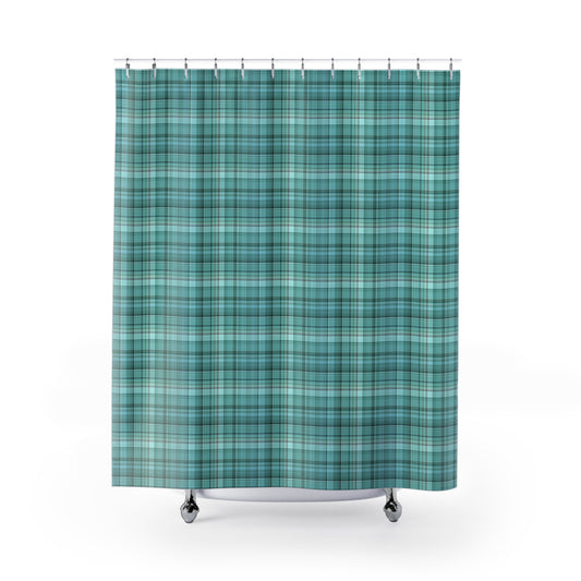 Teal Plaid Shower Curtain — Coastal Tartan Bathroom Decor