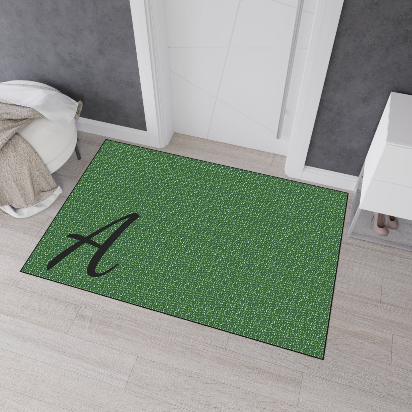 Monogram Heavy-Duty Floor Mat — Green Textured Doormat with Script "A"