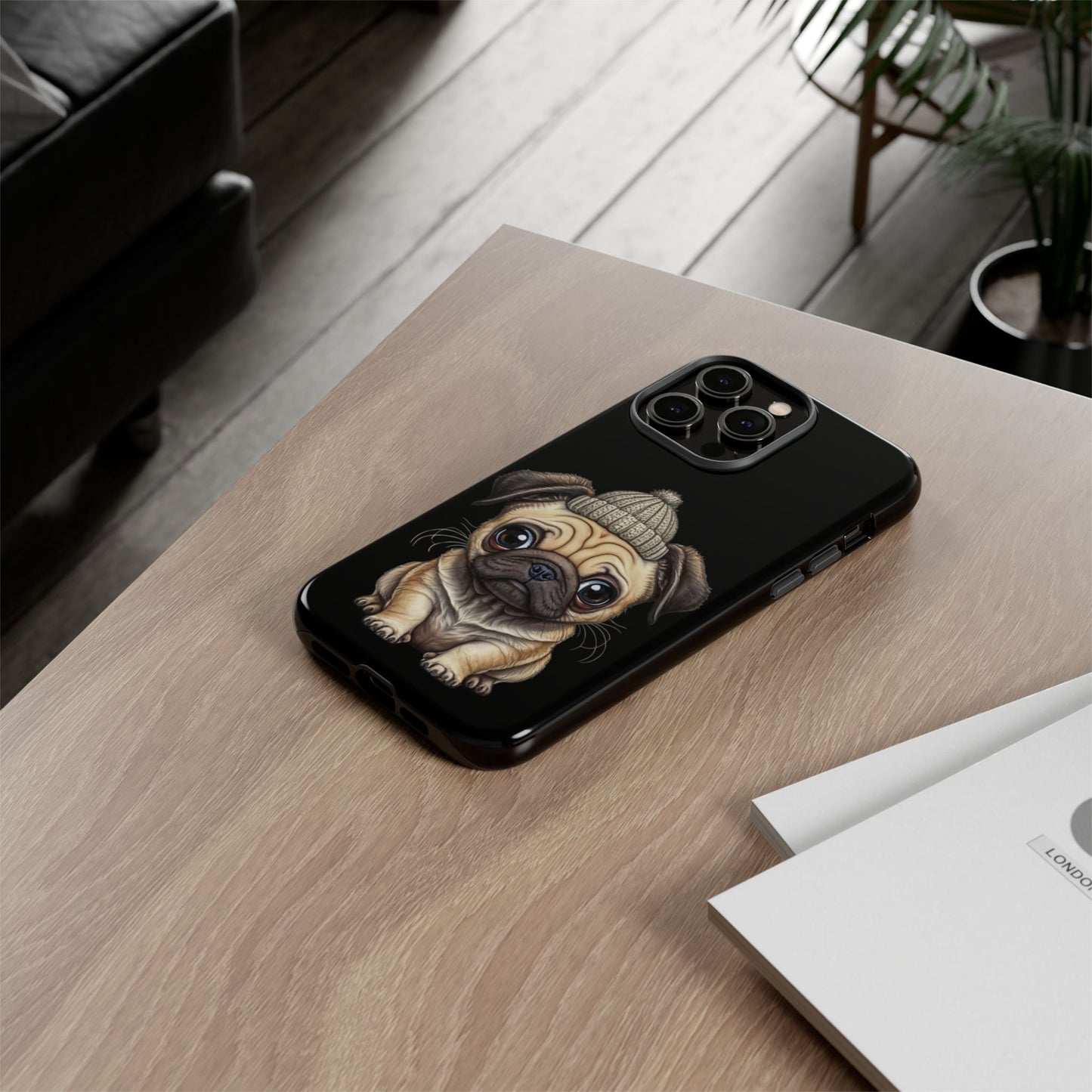 Pug Phone Case – Cute Pug Puppy Illustration on Black Tough Case