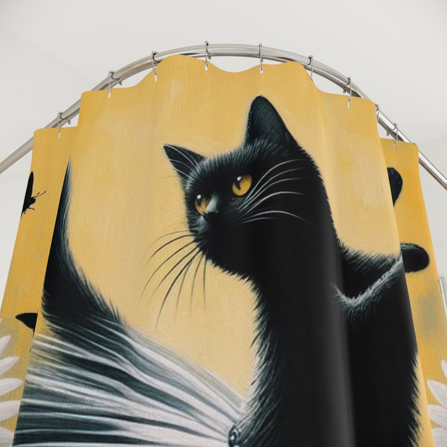 Black Cat Ballerina Shower Curtain — Dancing Cat with Daisies Bathroom Decor