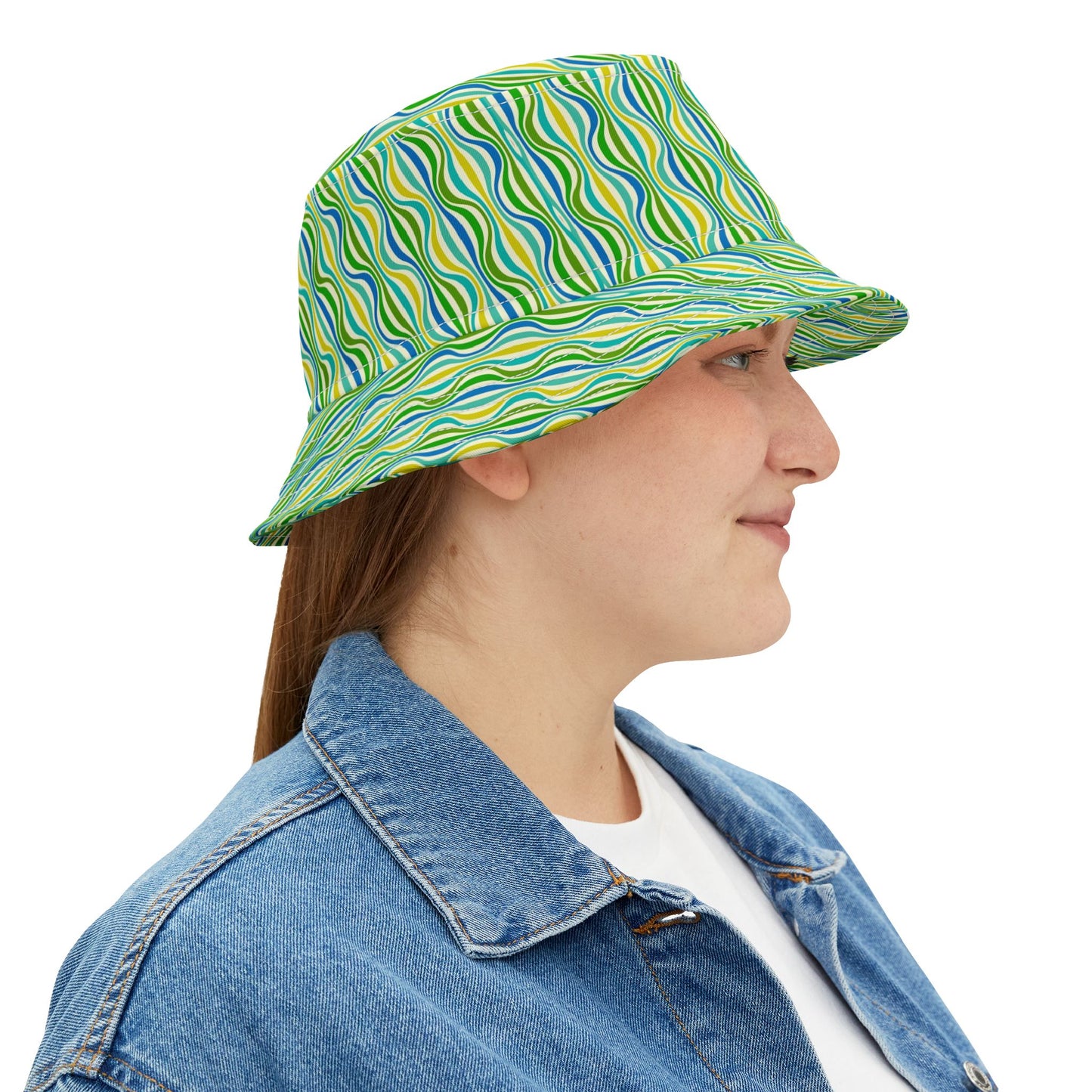 Green Wave Pattern Bucket Hat — Retro Groovy Summer Sun Hat
