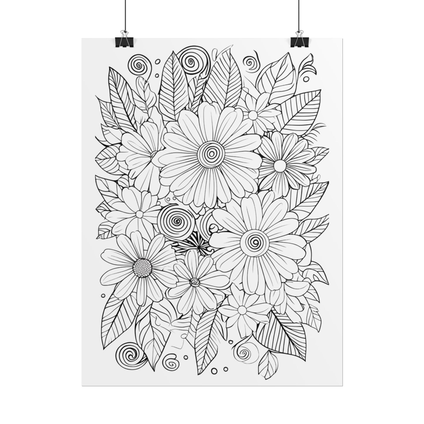 Floral Coloring Poster — Rolled Black & White Doodle Print for Adults, DIY Wall Art