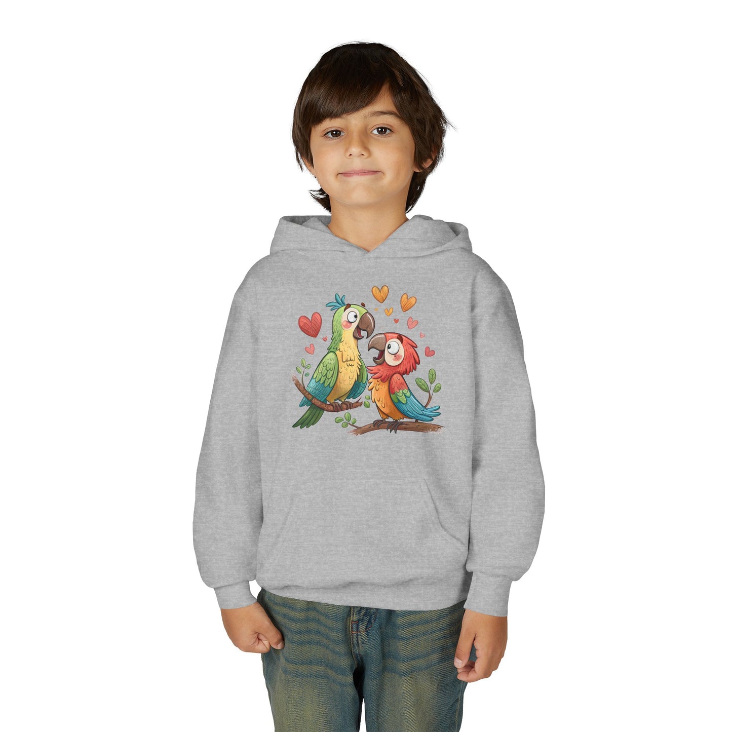 Youth Hoodie — Cute Parrot Couple Illustration (Hearts, Kids Pullover)