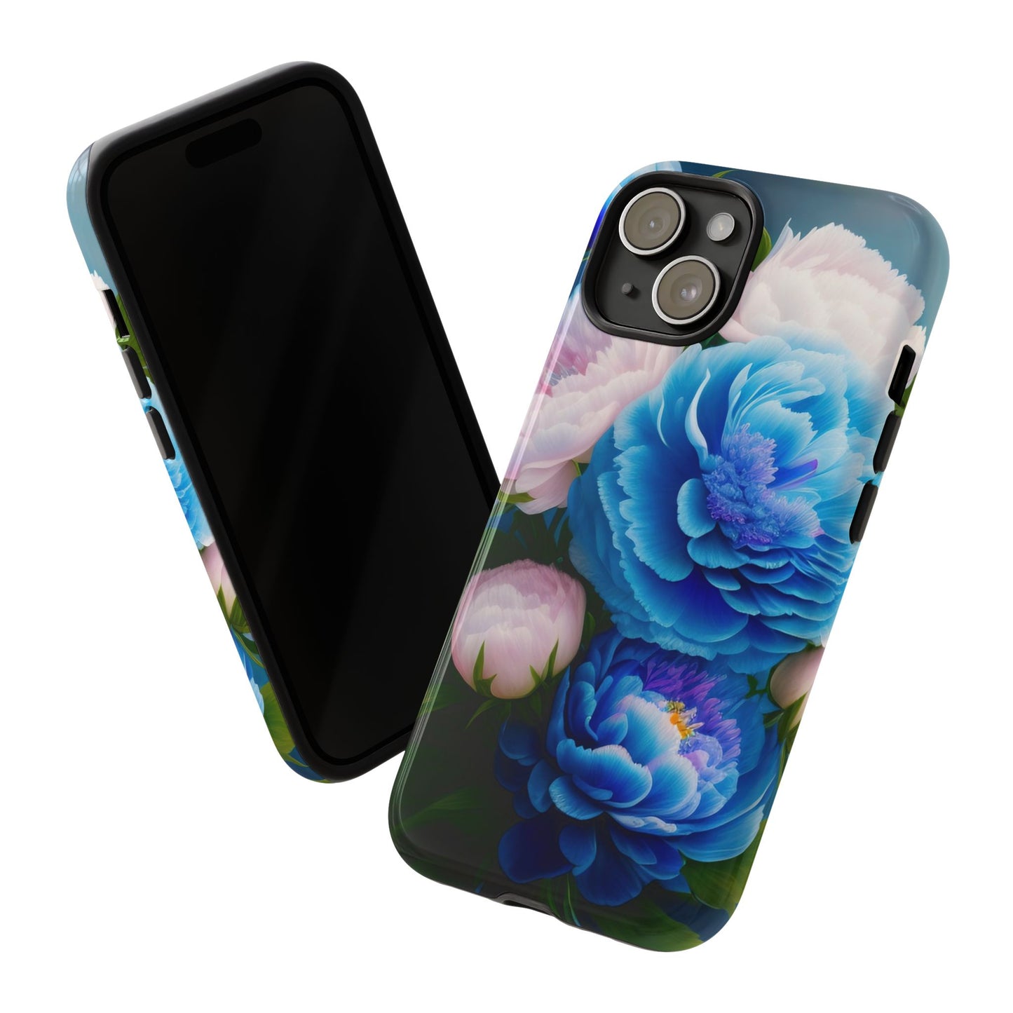 Floral Blue Peony Phone Case — Protective Tough Case with Pink & Blue Blooms