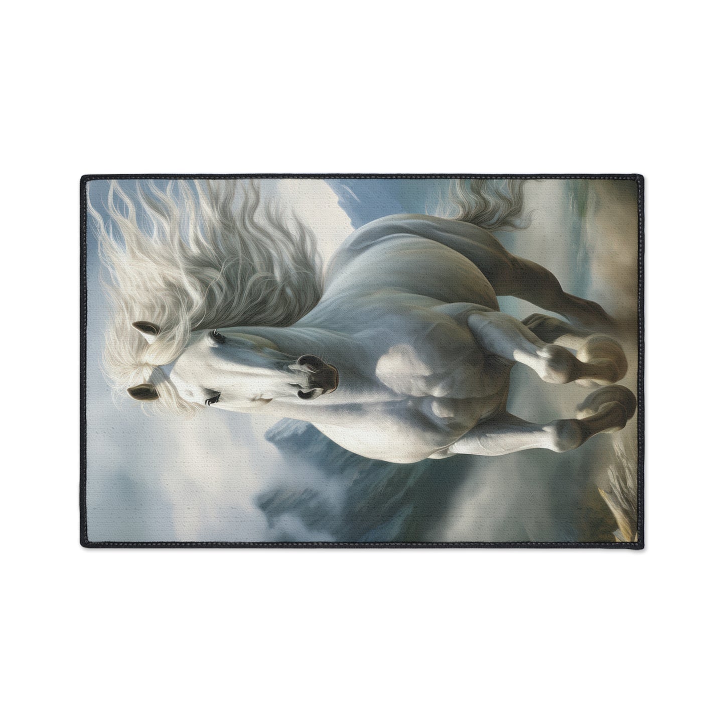 Majestic White Horse Heavy-Duty Floor Mat — Running Stallion Rug for Entryway & Stable