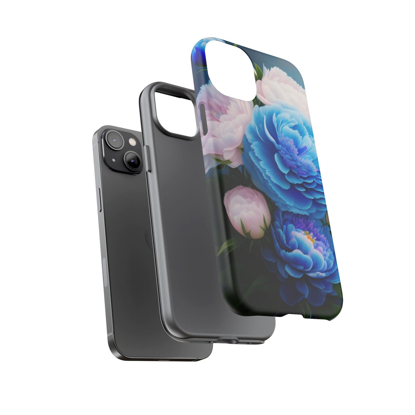 Floral Blue Peony Phone Case — Protective Tough Case with Pink & Blue Blooms