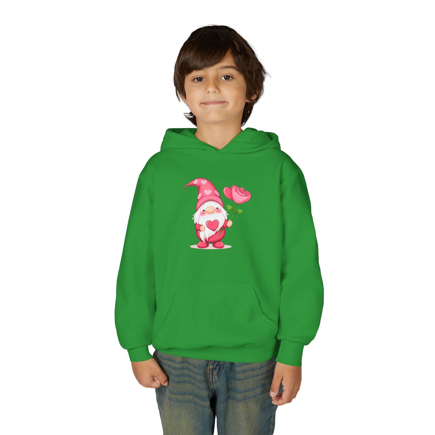Valentine Gnome Kids Hoodie — Cute Pink Gnome Holding Rose Youth Sweatshirt