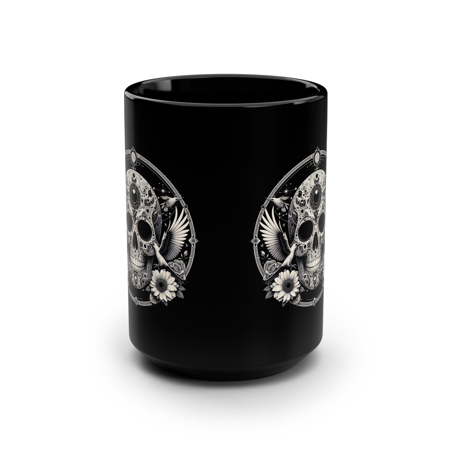 15oz Black Mug — Gothic Skull with Doves & Daisies Coffee Cup
