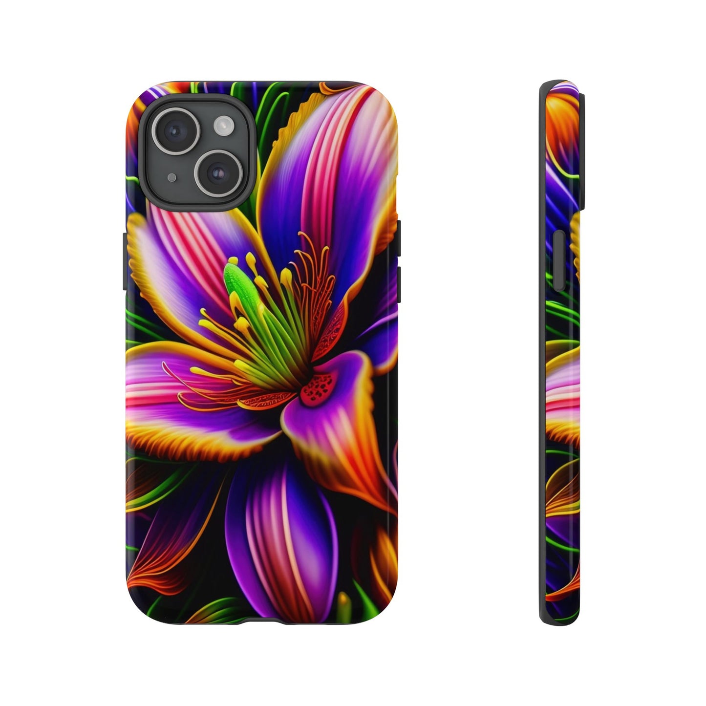 Floral Neon Tough Phone Case — Vivid Purple & Orange Lily Protective Cover