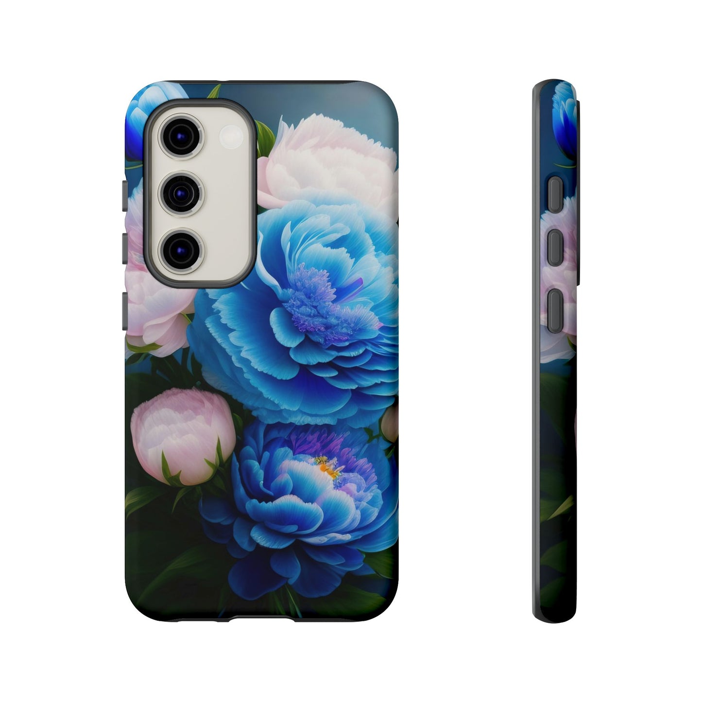 Floral Blue Peony Phone Case — Protective Tough Case with Pink & Blue Blooms