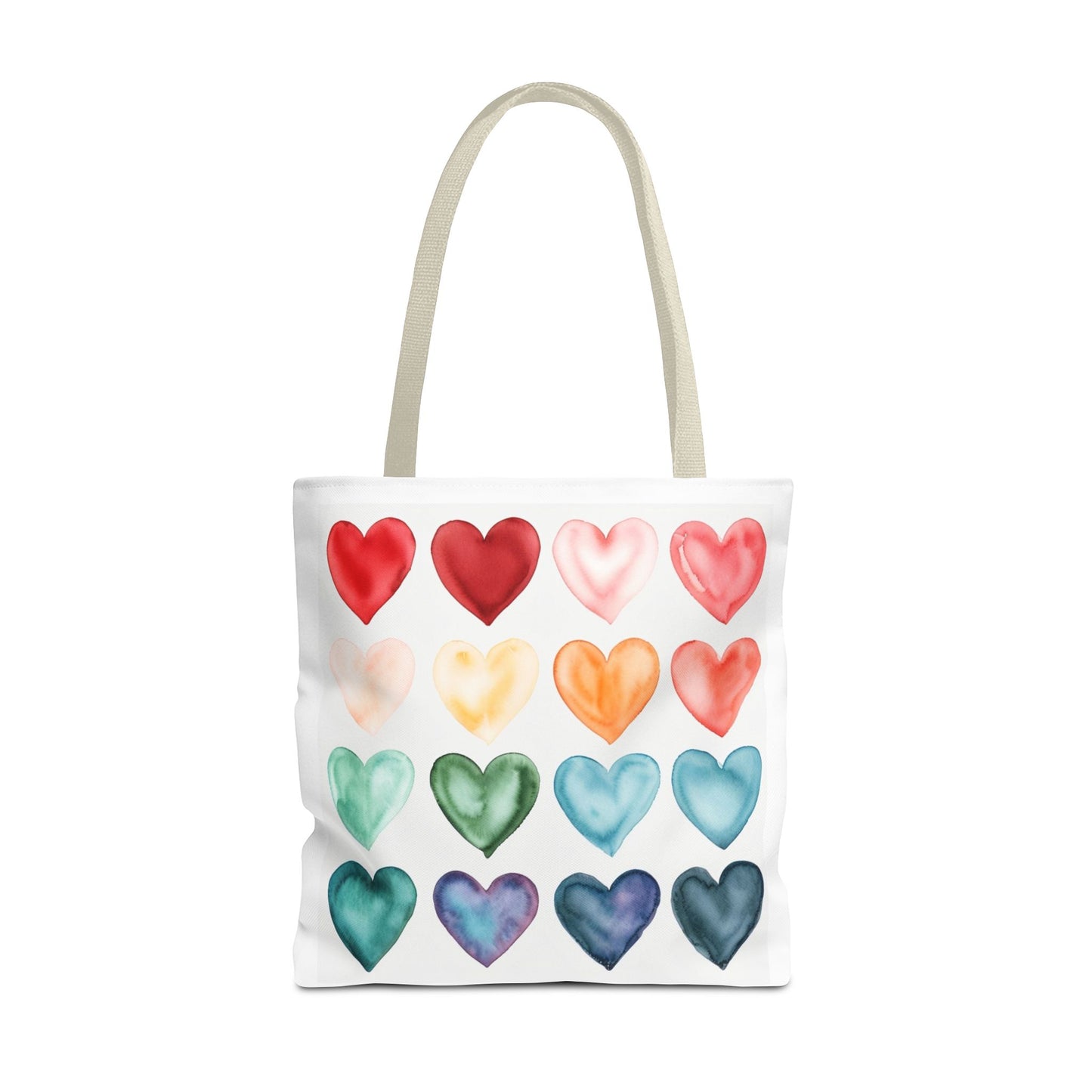 Watercolor Rainbow Hearts Tote Bag — Colorful Heart Pattern Beach & Market Tote