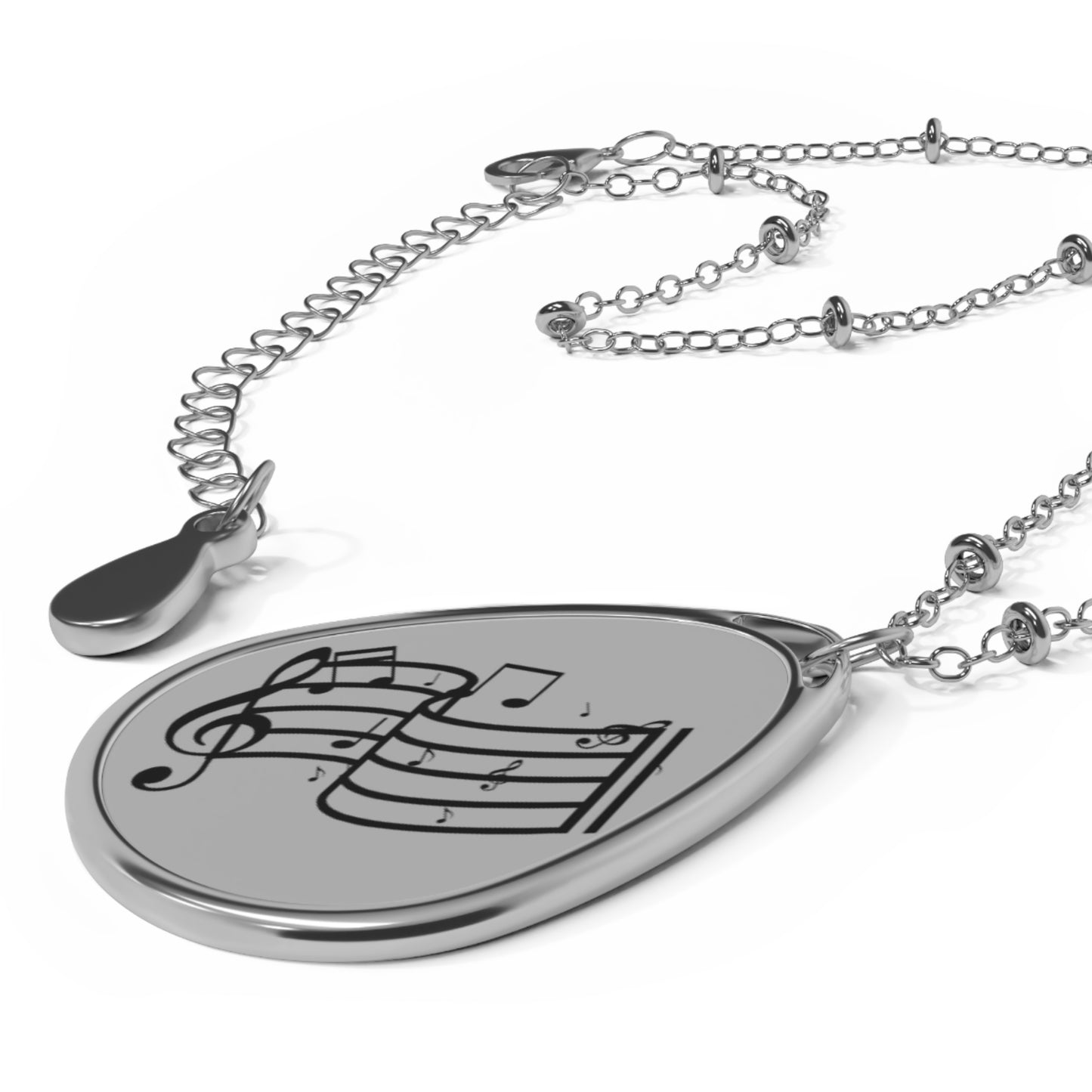 Oval Music Note Necklace — Silver Teardrop Pendant for Musicians & Music Lovers