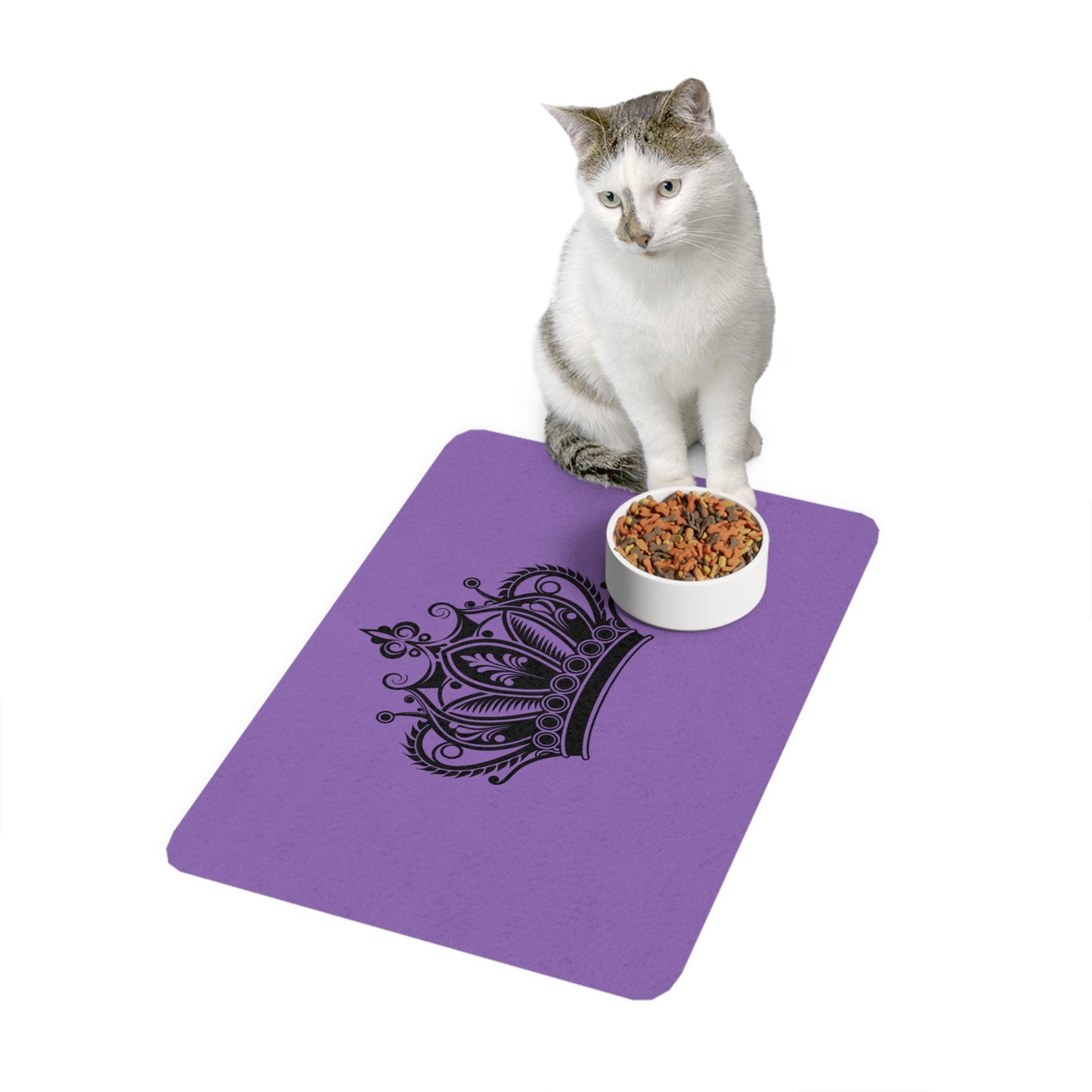 Royal Crown Pet Food Mat (12x18) — Non-Slip Purple & Black Feeding Mat for Cats & Dogs