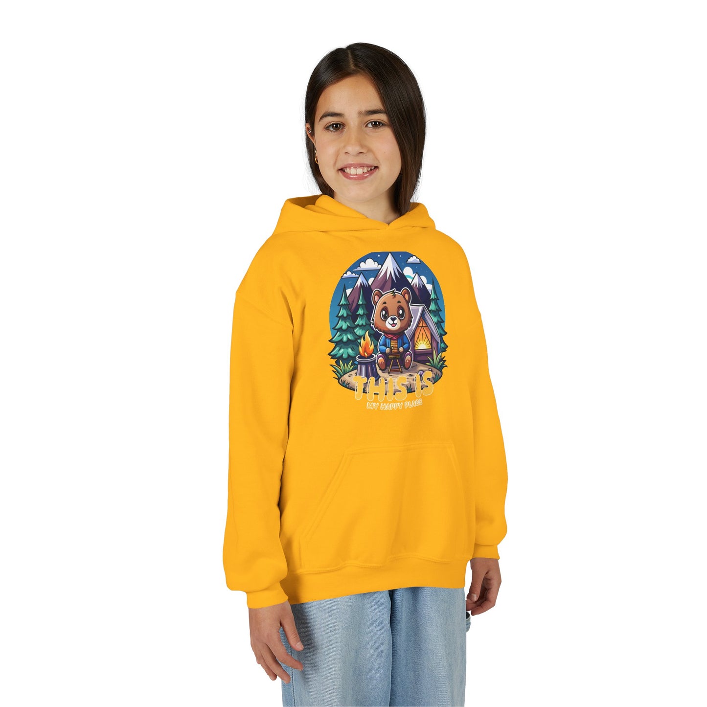 Youth Bear Camping Hoodie — "This is My Happy Place" Cozy Kid’s Outdoor Sweatshirt