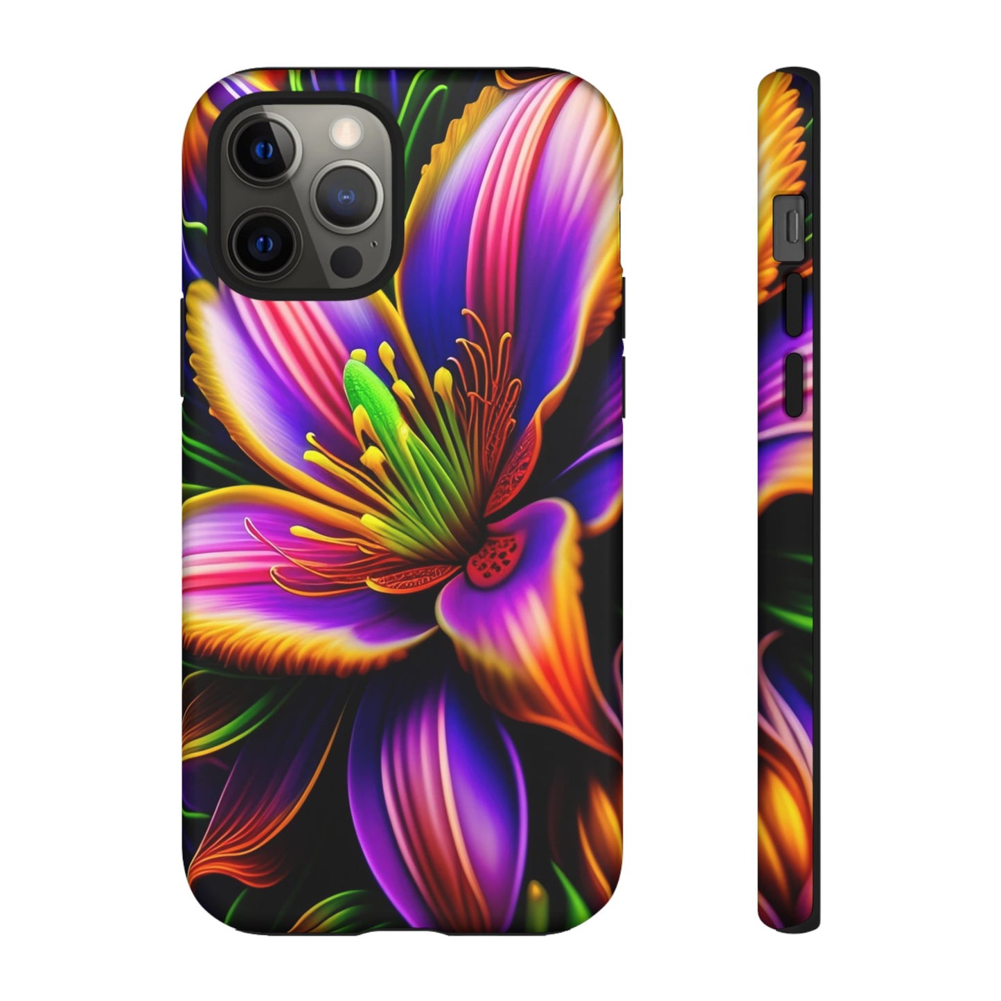 Floral Neon Tough Phone Case — Vivid Purple & Orange Lily Protective Cover
