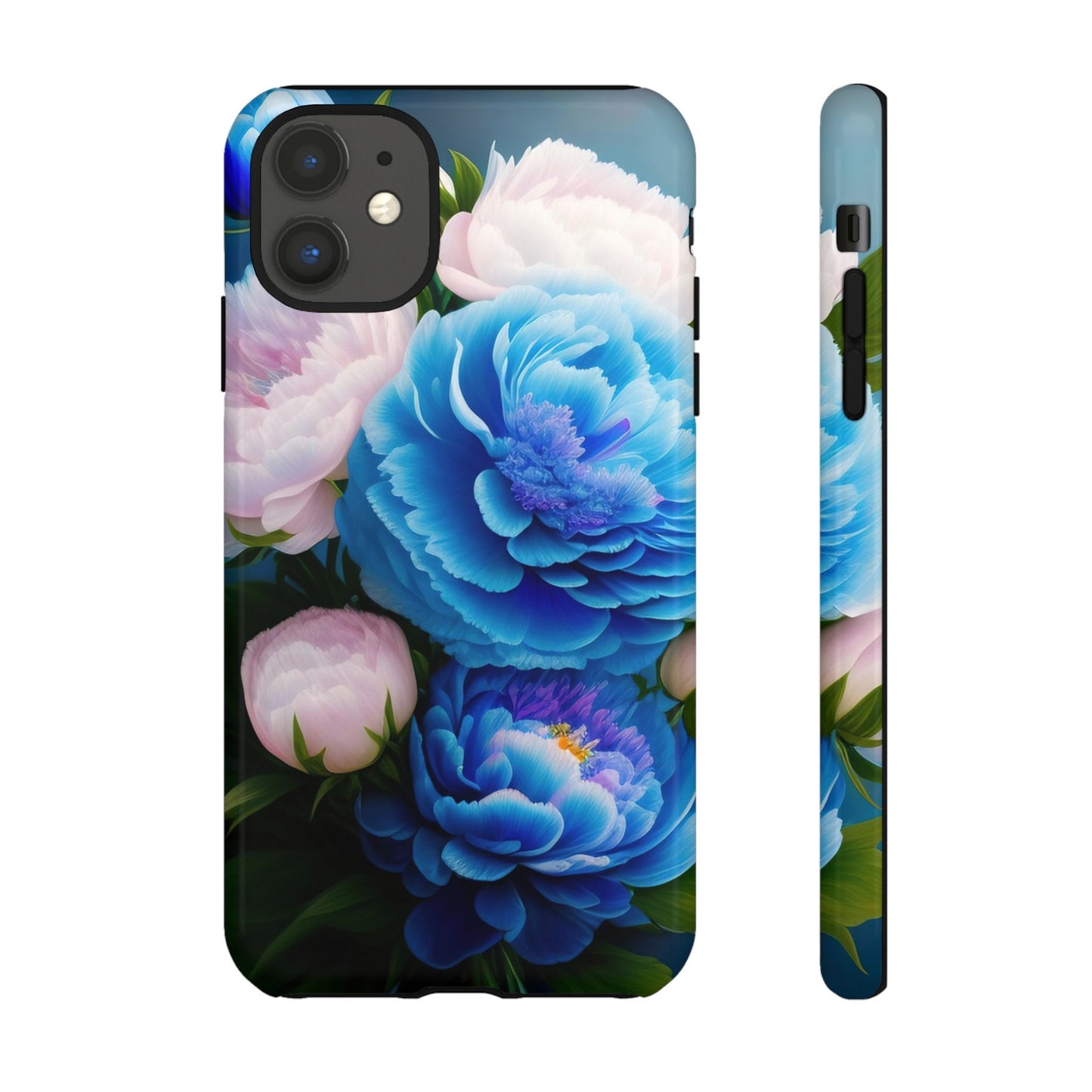 Floral Blue Peony Phone Case — Protective Tough Case with Pink & Blue Blooms