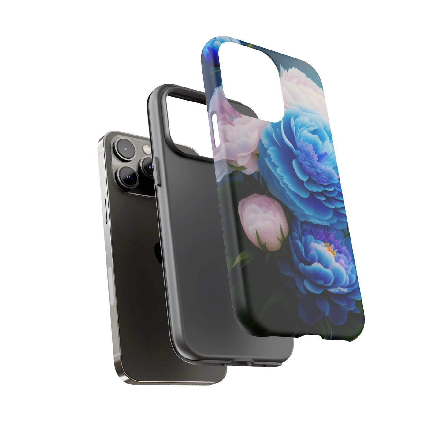 Floral Blue Peony Phone Case — Protective Tough Case with Pink & Blue Blooms