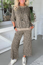 Khaki Jacquard Leopard Half Sleeve Jumper Wide Leg Pant Set