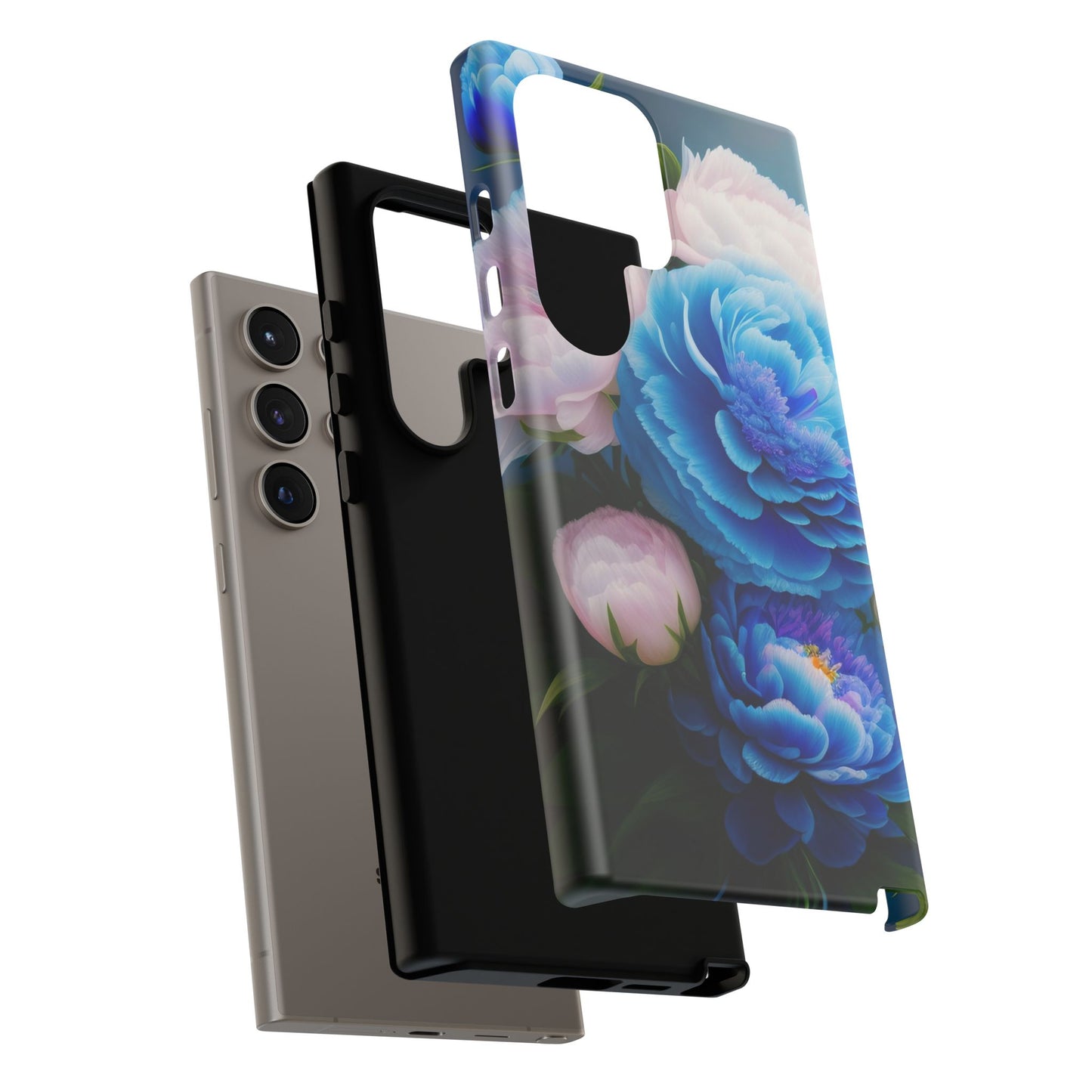 Floral Blue Peony Phone Case — Protective Tough Case with Pink & Blue Blooms