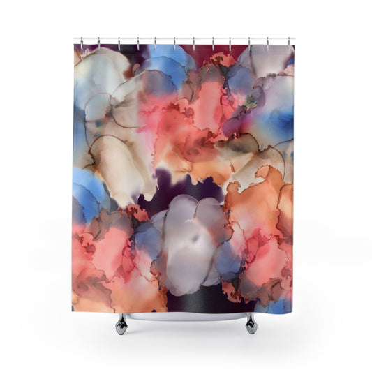 Abstract Watercolor Floral Shower Curtain — Soft Blended Coral, Blue & Lavender Bathroom Decor