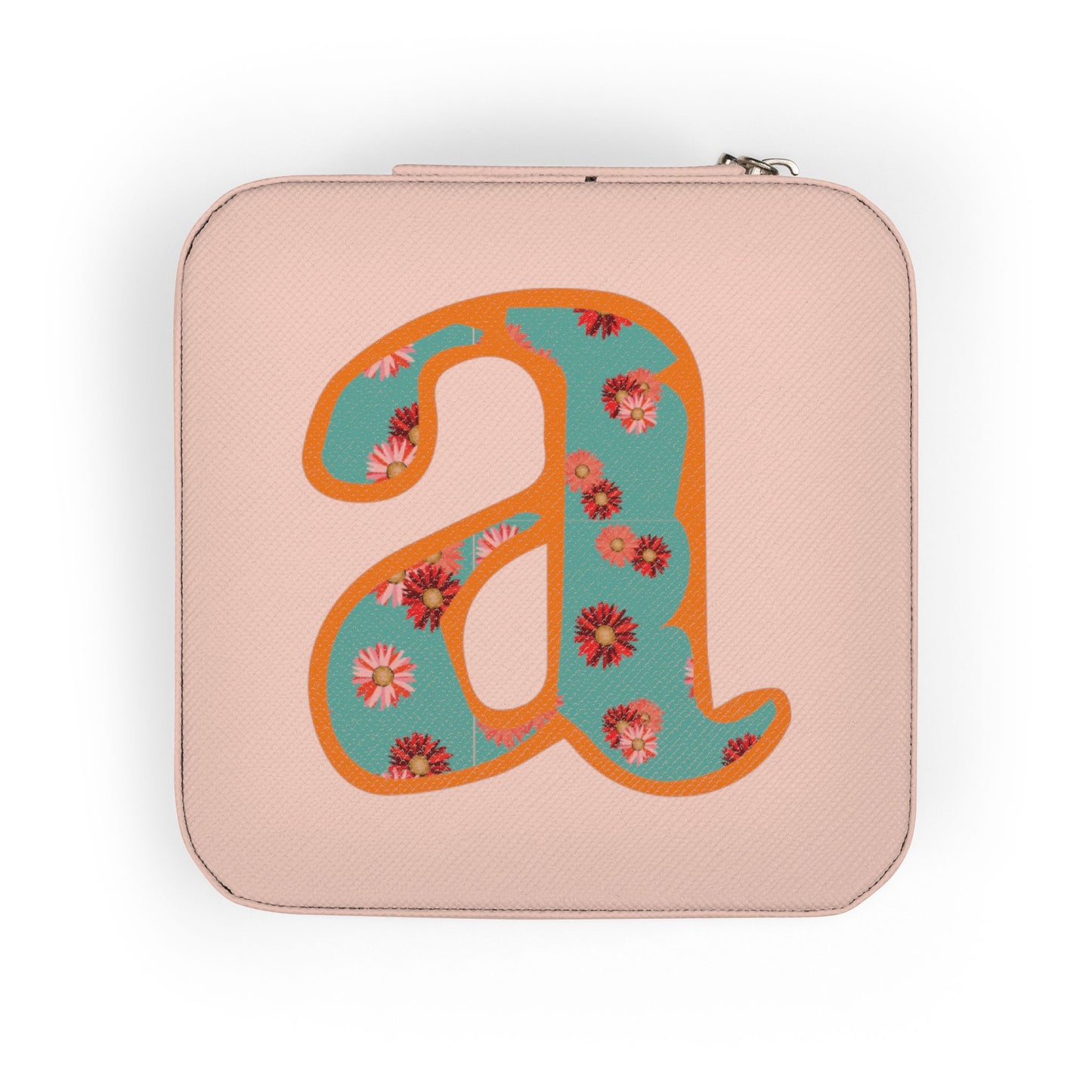 Personalized Monogram Jewelry Travel Case – Compact Soft-Pink Organizer with Floral ‘a’