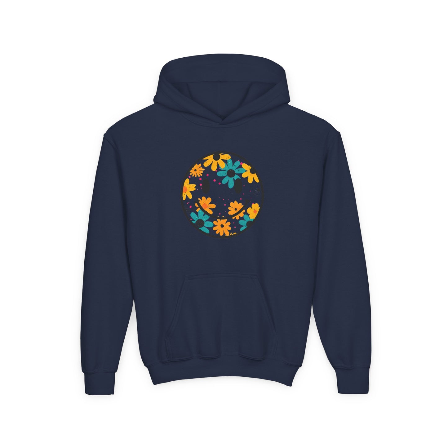 Youth Floral Hoodie – Orange & Teal Flower Circle Design
