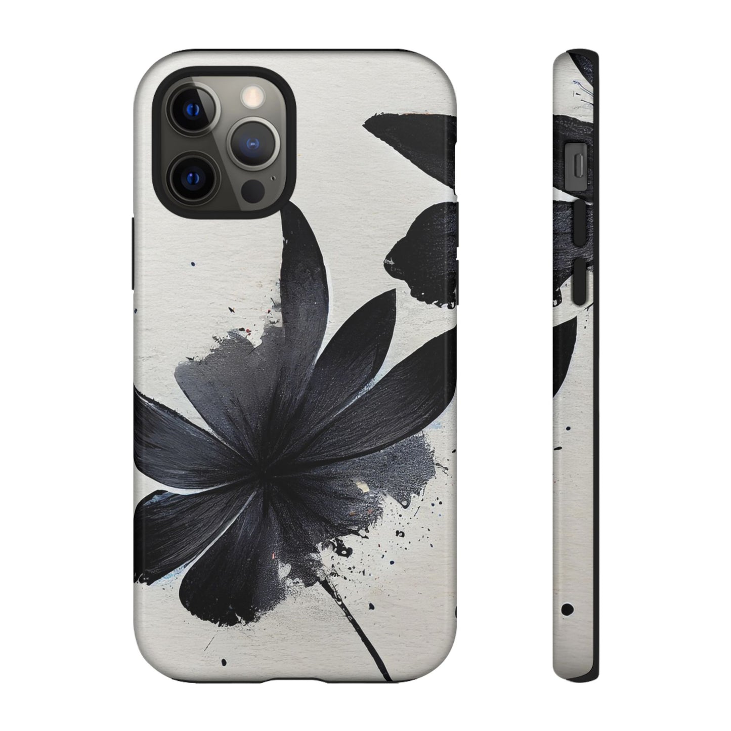 Monochrome Floral Tough Phone Case — Black Ink Flower Protective Cover