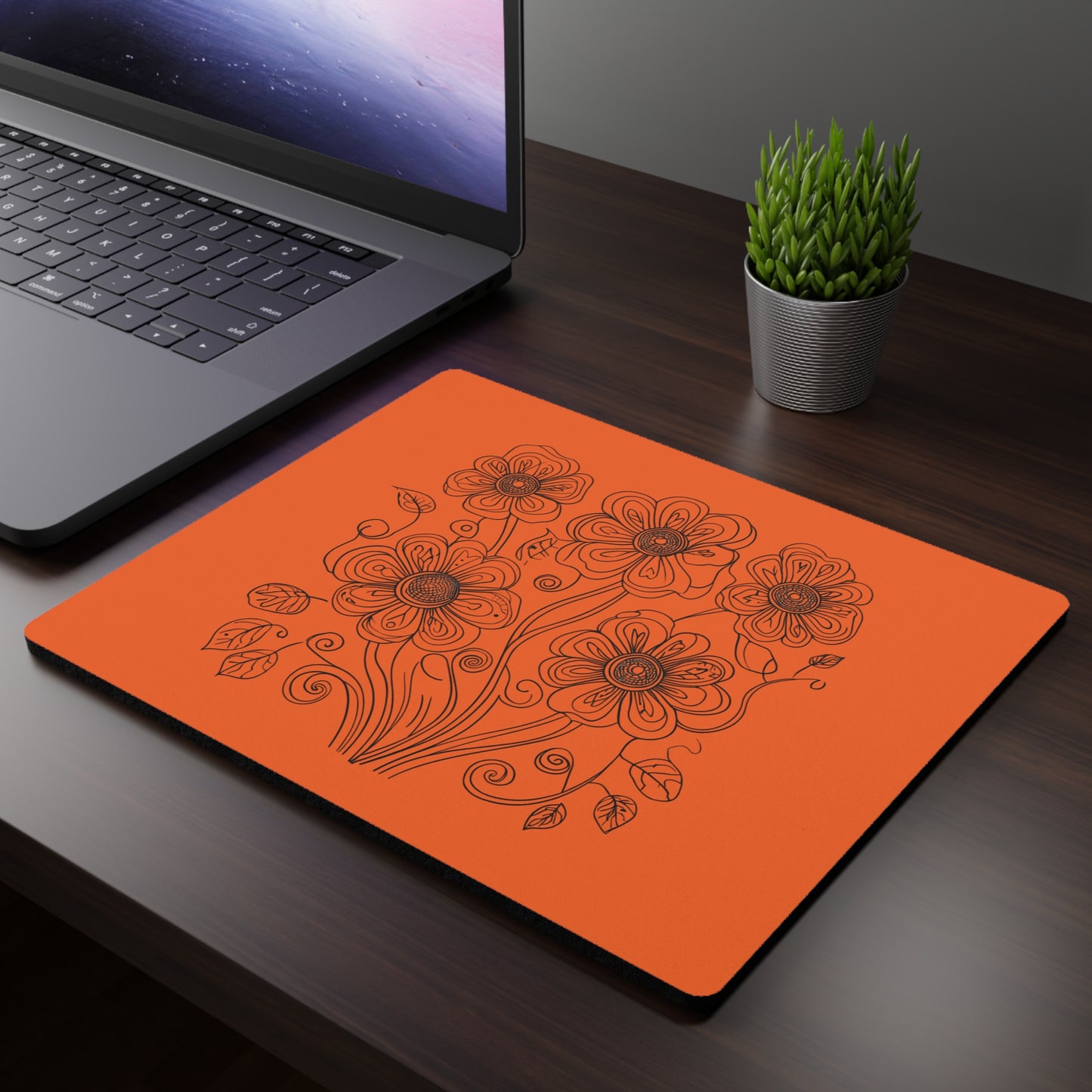 Floral Line Art Mouse Pad — Orange Botanical Desk Mat