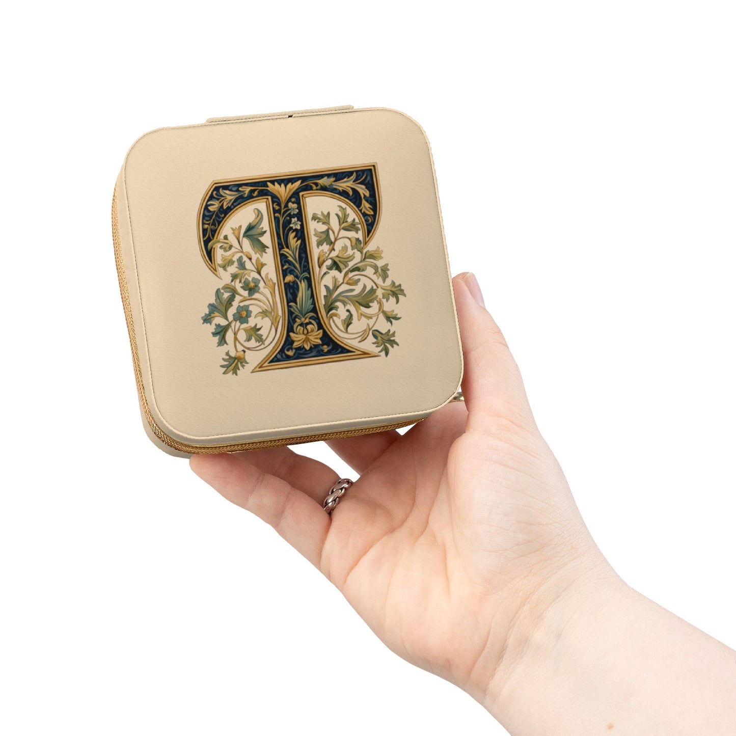 Travel Jewelry Case – Monogram 'T' Compact Organizer, Pink Leatherette Gift for Her
