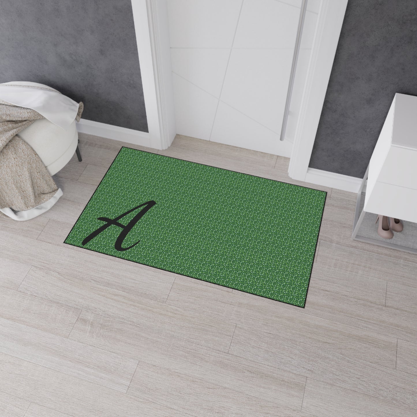Monogram Heavy-Duty Floor Mat — Green Textured Doormat with Script "A"